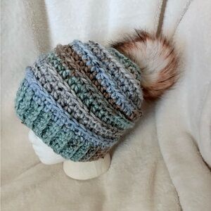 Crochet Beanie hat with faux fur Pom